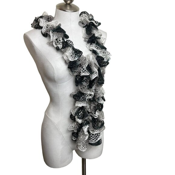 One Size Black, White, Gray, Crochet Scarf 72 Inches Long 2h - Picture 2 of 5